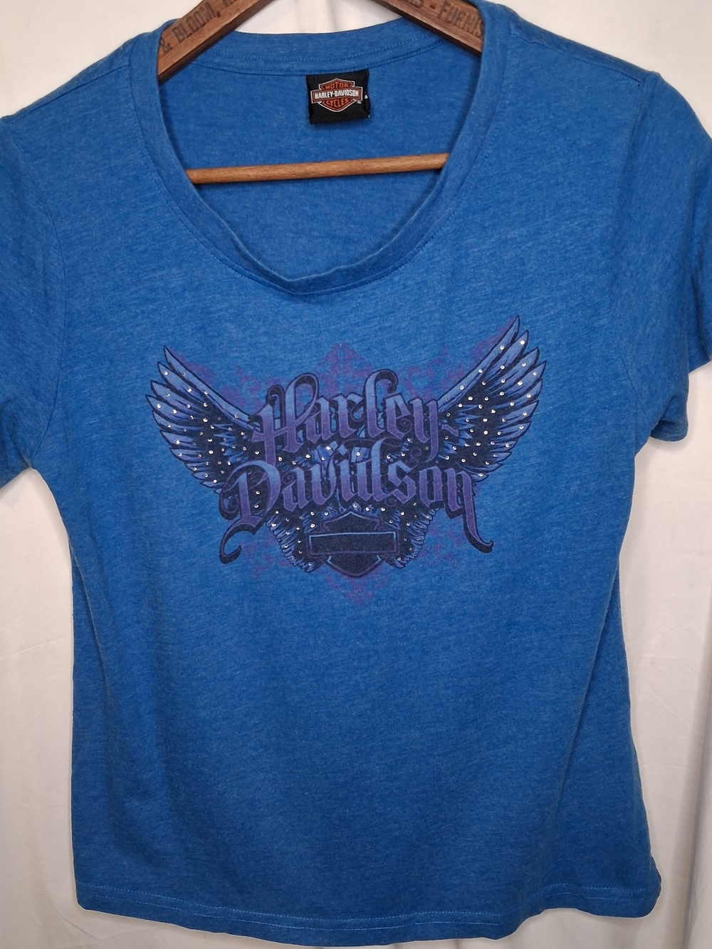 Harley-Davidson Women's Blue Bling Winged Tee-Bayside Portsmouth VA Dealer L Y2K